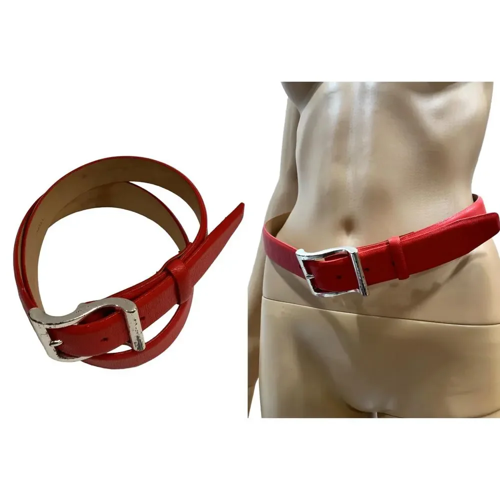 90s DKNY Red Leather Belt w Silver Buckle | VTG S | 28